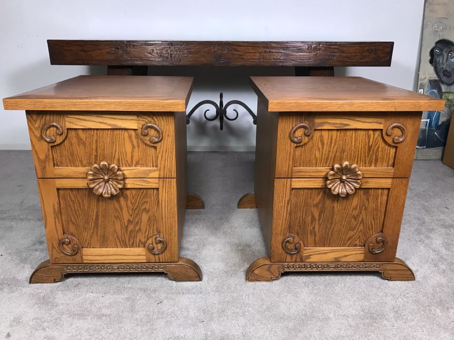 JUST ADDED - Pair Of Custom Made Hand Carved Oak Wooden Filing Cabinets 27W X 28D X 29.5H [Photo 4]