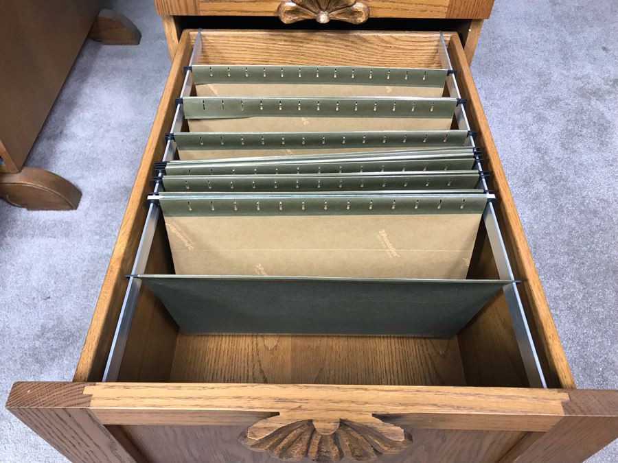 JUST ADDED - Pair Of Custom Made Hand Carved Oak Wooden Filing Cabinets 27W X 28D X 29.5H [Photo 11]