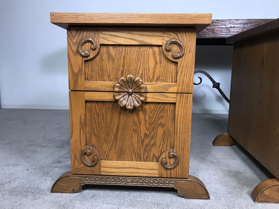 JUST ADDED - Pair Of Custom Made Hand Carved Oak Wooden Filing Cabinets 27W X 28D X 29.5H [Photo 5]