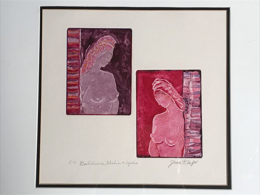 JUST ADDED - Original Jean Klafs Abstract Expressionist Framed Monotype On Paper Titled 'Goddesses, Thalia & Agalia' 19 X 20