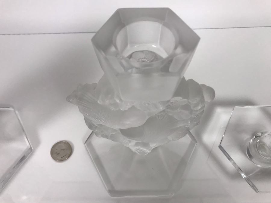 JUST ADDED - Pair Of Signed Lalique France Mesanges Frosted Crystal Birds Motif Candleholders Candlesticks With Original Bobeches 5W X 7H - (Miss Oregon Estate - MOE) [Photo 16]