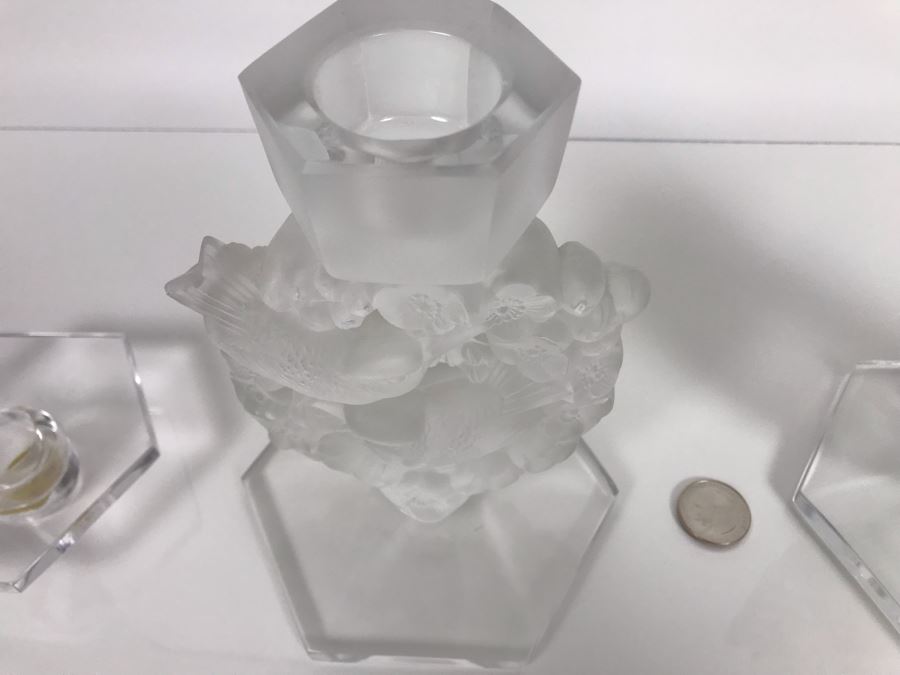 JUST ADDED - Pair Of Signed Lalique France Mesanges Frosted Crystal Birds Motif Candleholders Candlesticks With Original Bobeches 5W X 7H - (Miss Oregon Estate - MOE) [Photo 18]