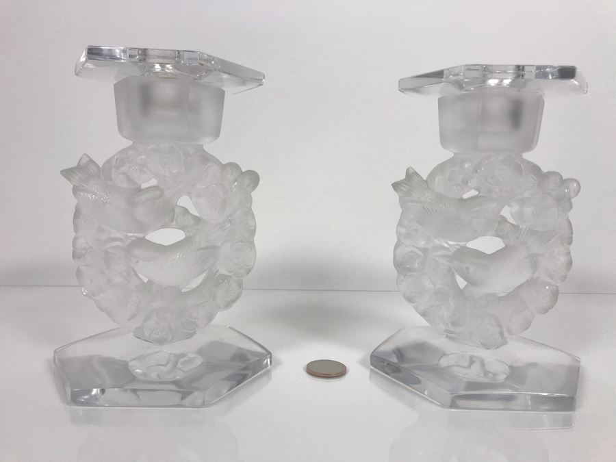 JUST ADDED - Pair Of Signed Lalique France Mesanges Frosted Crystal Birds Motif Candleholders Candlesticks With Original Bobeches 5W X 7H - (Miss Oregon Estate - MOE) [Photo 10]
