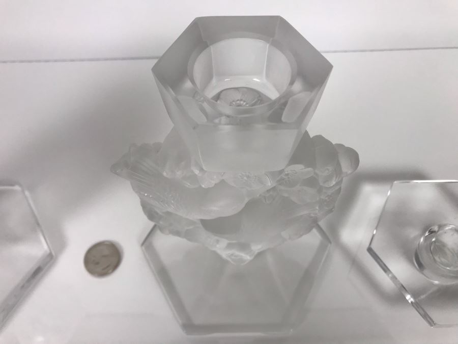JUST ADDED - Pair Of Signed Lalique France Mesanges Frosted Crystal Birds Motif Candleholders Candlesticks With Original Bobeches 5W X 7H - (Miss Oregon Estate - MOE) [Photo 17]