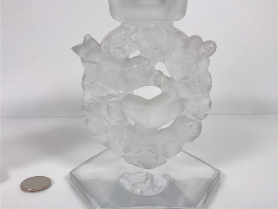 JUST ADDED - Pair Of Signed Lalique France Mesanges Frosted Crystal Birds Motif Candleholders Candlesticks With Original Bobeches 5W X 7H - (Miss Oregon Estate - MOE) [Photo 13]