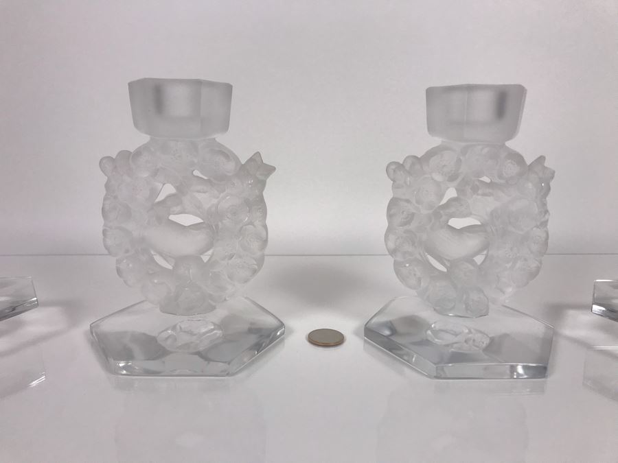 JUST ADDED - Pair Of Signed Lalique France Mesanges Frosted Crystal Birds Motif Candleholders Candlesticks With Original Bobeches 5W X 7H - (Miss Oregon Estate - MOE) [Photo 19]