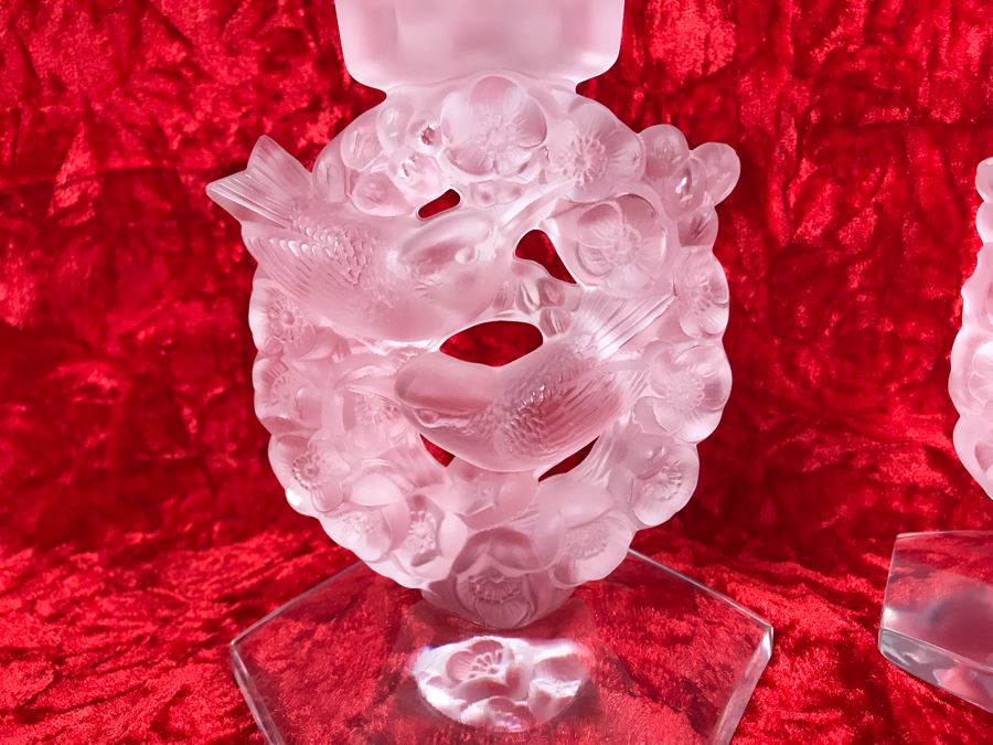 JUST ADDED - Pair Of Signed Lalique France Mesanges Frosted Crystal Birds Motif Candleholders Candlesticks With Original Bobeches 5W X 7H - (Miss Oregon Estate - MOE) [Photo 3]
