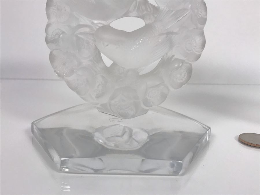 JUST ADDED - Pair Of Signed Lalique France Mesanges Frosted Crystal Birds Motif Candleholders Candlesticks With Original Bobeches 5W X 7H - (Miss Oregon Estate - MOE) [Photo 12]