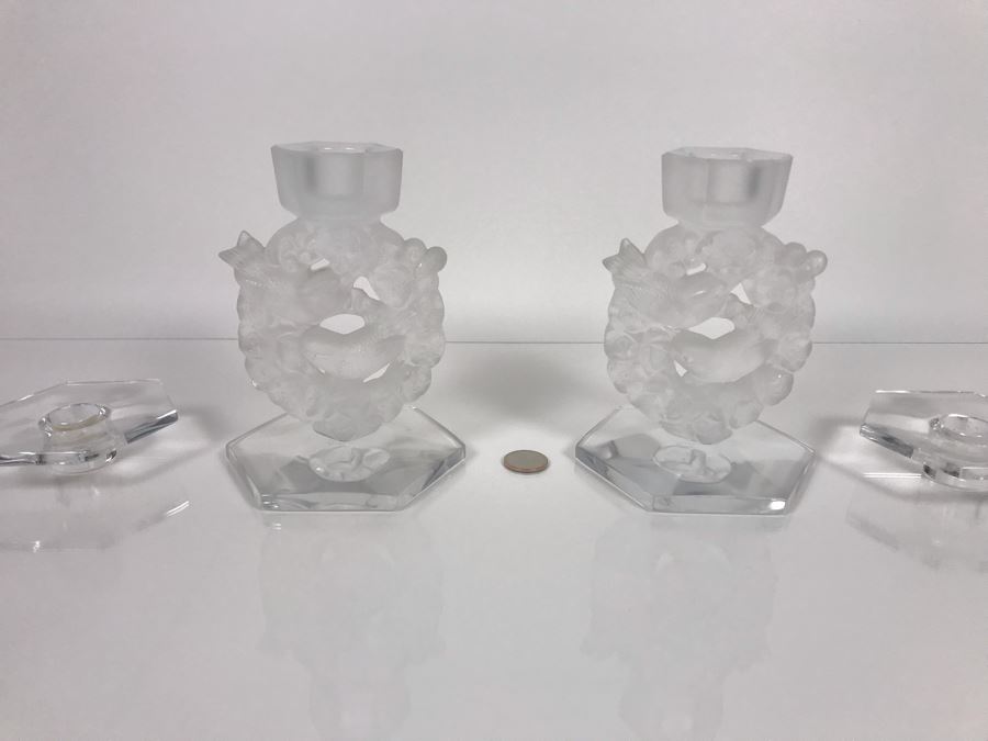 JUST ADDED - Pair Of Signed Lalique France Mesanges Frosted Crystal Birds Motif Candleholders Candlesticks With Original Bobeches 5W X 7H - (Miss Oregon Estate - MOE) [Photo 14]