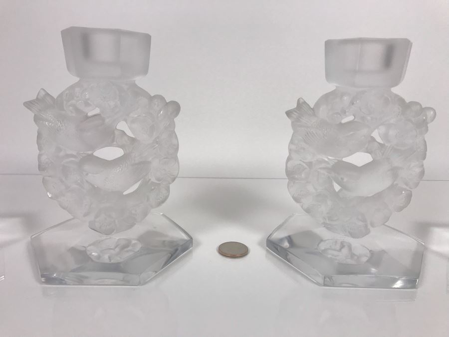 JUST ADDED - Pair Of Signed Lalique France Mesanges Frosted Crystal Birds Motif Candleholders Candlesticks With Original Bobeches 5W X 7H - (Miss Oregon Estate - MOE) [Photo 15]
