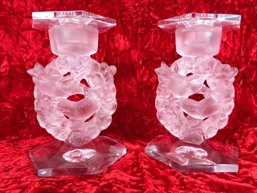 JUST ADDED - Pair Of Signed Lalique France Mesanges Frosted Crystal Birds Motif Candleholders Candlesticks With Original Bobeches 5W X 7H - (Miss Oregon Estate - MOE) [Photo 1]