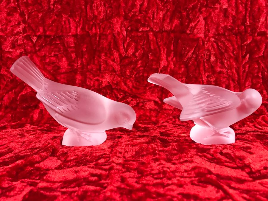JUST ADDED - Pair Of Signed Lalique France Frosted Crystal Bird Figurines (4/75W X 2D X 3.5H / 4.5W X 3D X 3H) (MOE)