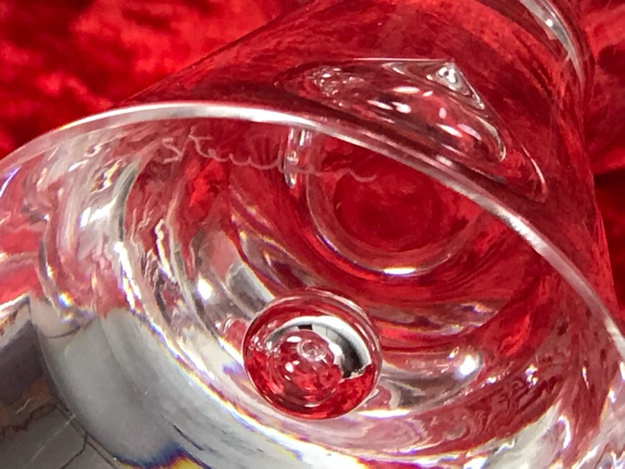 JUST ADDED - Signed Steuben Glass Mid-Century Modern Liquor Cocktail Glasses With Teardrop Stem Set Of Six (3 7/8 X 3 7/8) With Signed Steuben Double Spout Crystal Cocktail Shaker 4W X 6.5H (MOE) [Photo 12]