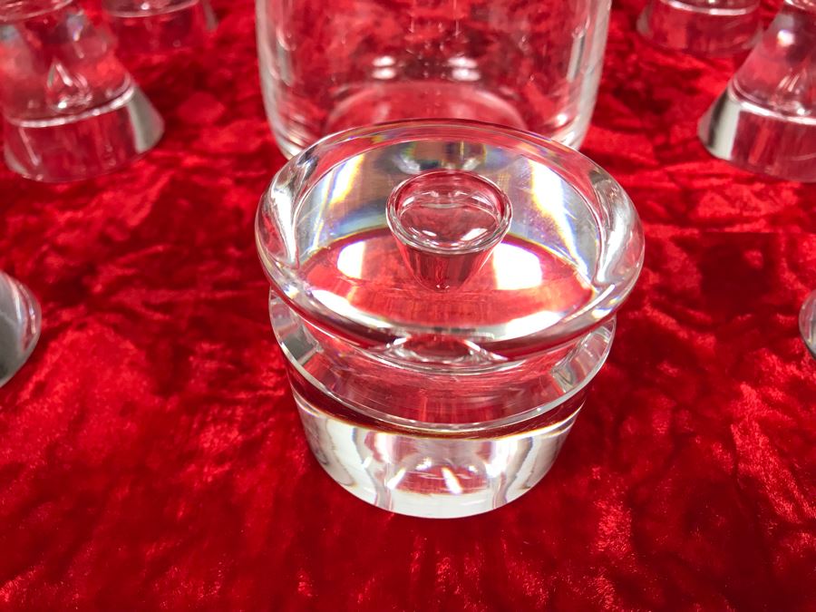 JUST ADDED - Signed Steuben Glass Mid-Century Modern Liquor Cocktail Glasses With Teardrop Stem Set Of Six (3 7/8 X 3 7/8) With Signed Steuben Double Spout Crystal Cocktail Shaker 4W X 6.5H (MOE) [Photo 14]