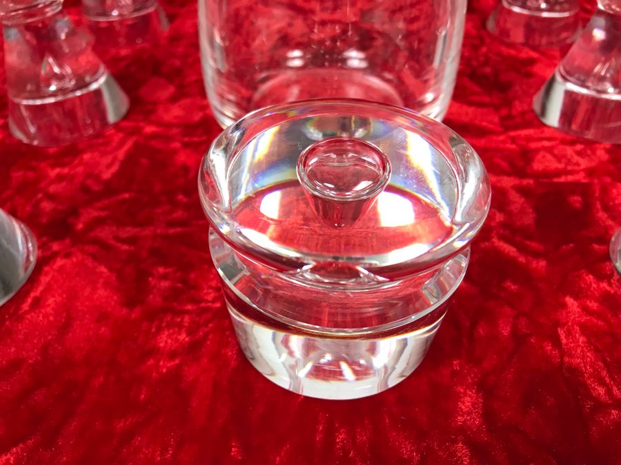 JUST ADDED - Signed Steuben Glass Mid-Century Modern Liquor Cocktail Glasses With Teardrop Stem Set Of Six (3 7/8 X 3 7/8) With Signed Steuben Double Spout Crystal Cocktail Shaker 4W X 6.5H (MOE) [Photo 15]