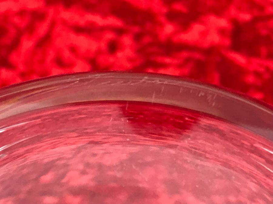 JUST ADDED - Signed Steuben Glass Mid-Century Modern Liquor Cocktail Glasses With Teardrop Stem Set Of Six (3 7/8 X 3 7/8) With Signed Steuben Double Spout Crystal Cocktail Shaker 4W X 6.5H (MOE) [Photo 18]