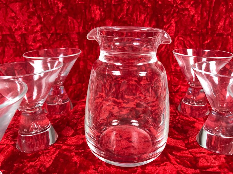 JUST ADDED - Signed Steuben Glass Mid-Century Modern Liquor Cocktail Glasses With Teardrop Stem Set Of Six (3 7/8 X 3 7/8) With Signed Steuben Double Spout Crystal Cocktail Shaker 4W X 6.5H (MOE) [Photo 16]