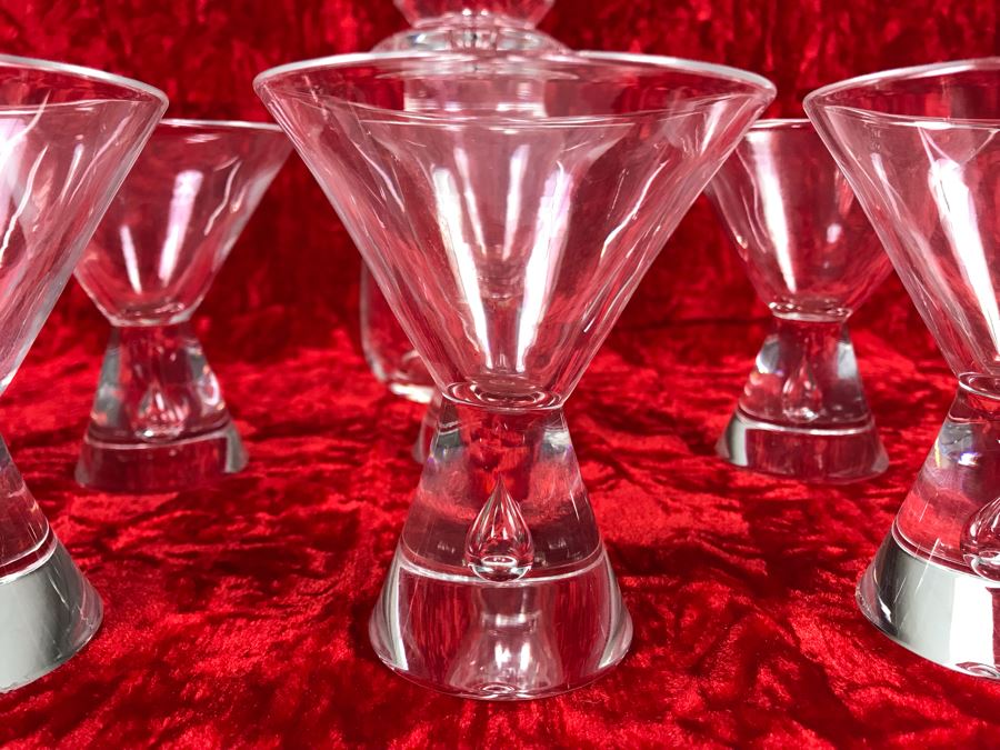 JUST ADDED - Signed Steuben Glass Mid-Century Modern Liquor Cocktail Glasses With Teardrop Stem Set Of Six (3 7/8 X 3 7/8) With Signed Steuben Double Spout Crystal Cocktail Shaker 4W X 6.5H (MOE) [Photo 8]