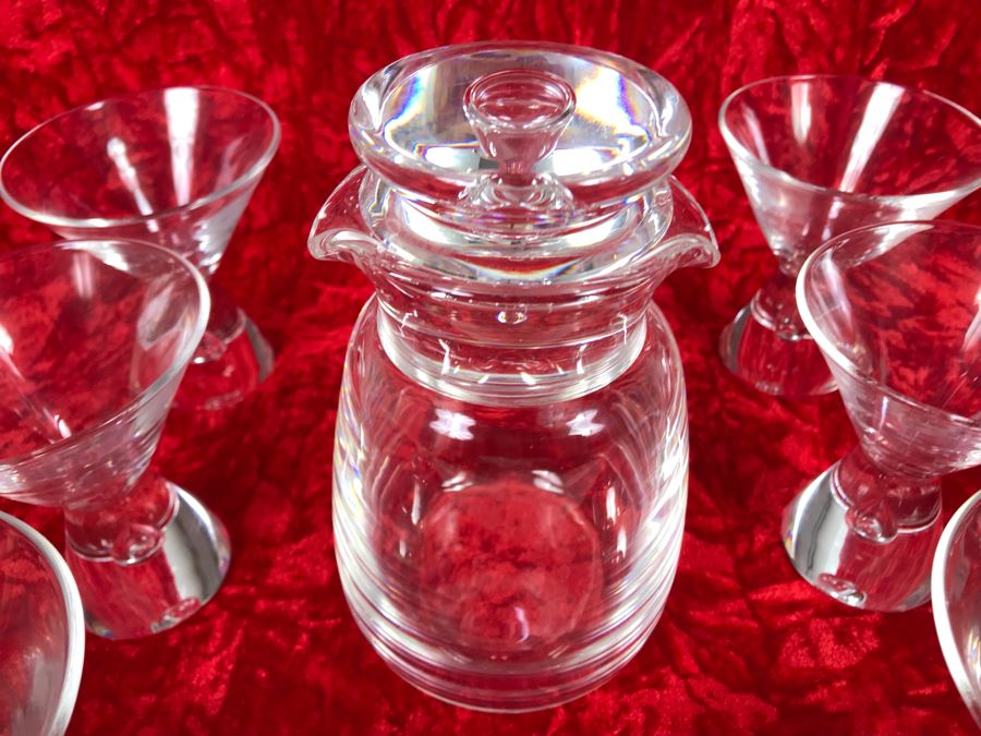 JUST ADDED - Signed Steuben Glass Mid-Century Modern Liquor Cocktail Glasses With Teardrop Stem Set Of Six (3 7/8 X 3 7/8) With Signed Steuben Double Spout Crystal Cocktail Shaker 4W X 6.5H (MOE) [Photo 4]