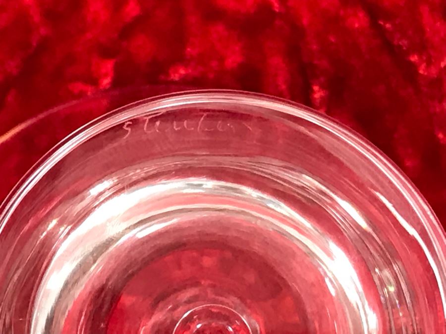 JUST ADDED - Signed Steuben Glass Mid-Century Modern Liquor Cocktail Glasses With Teardrop Stem Set Of Six (3 7/8 X 3 7/8) With Signed Steuben Double Spout Crystal Cocktail Shaker 4W X 6.5H (MOE) [Photo 13]