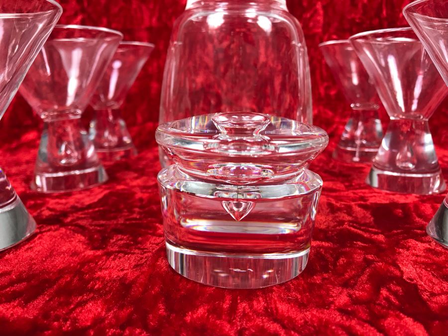 JUST ADDED - Signed Steuben Glass Mid-Century Modern Liquor Cocktail Glasses With Teardrop Stem Set Of Six (3 7/8 X 3 7/8) With Signed Steuben Double Spout Crystal Cocktail Shaker 4W X 6.5H (MOE) [Photo 5]