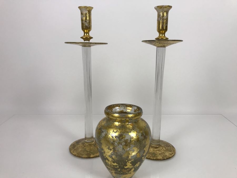 JUST ADDED - Individually Hand Signed Lesley Roy Gold Pair Of Tall Candlesticks Candleholders 16H And Gold Vase 7H Handmade New Haven, CT (MOE) [Photo 9]