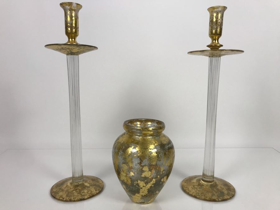 JUST ADDED - Individually Hand Signed Lesley Roy Gold Pair Of Tall Candlesticks Candleholders 16H And Gold Vase 7H Handmade New Haven, CT (MOE) [Photo 2]