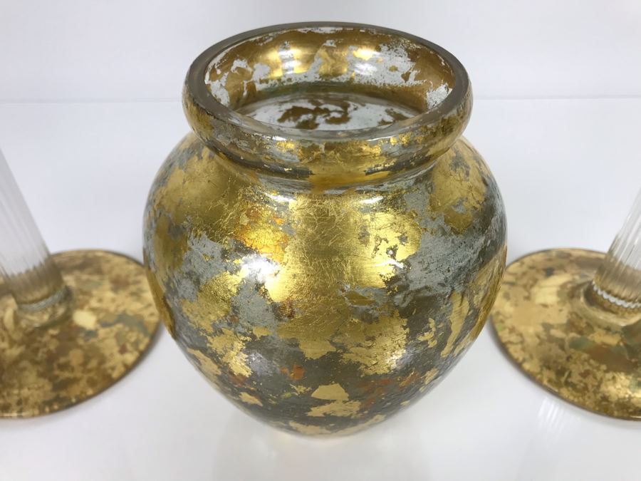 JUST ADDED - Individually Hand Signed Lesley Roy Gold Pair Of Tall Candlesticks Candleholders 16H And Gold Vase 7H Handmade New Haven, CT (MOE) [Photo 4]