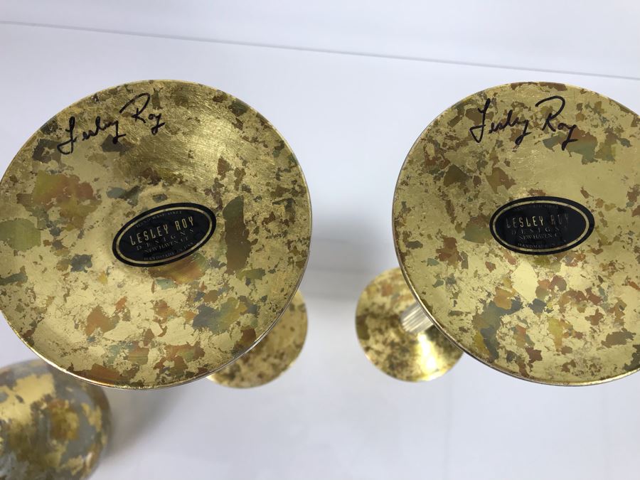 JUST ADDED - Individually Hand Signed Lesley Roy Gold Pair Of Tall Candlesticks Candleholders 16H And Gold Vase 7H Handmade New Haven, CT (MOE) [Photo 8]