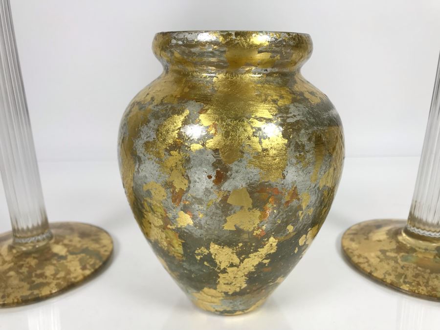 JUST ADDED - Individually Hand Signed Lesley Roy Gold Pair Of Tall Candlesticks Candleholders 16H And Gold Vase 7H Handmade New Haven, CT (MOE) [Photo 3]