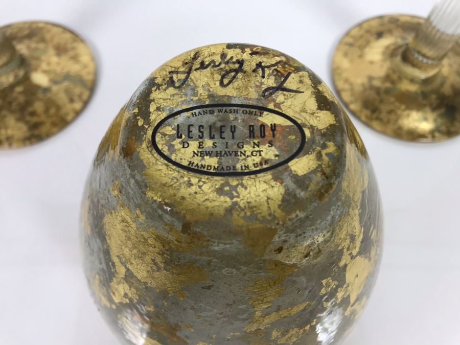 JUST ADDED - Individually Hand Signed Lesley Roy Gold Pair Of Tall Candlesticks Candleholders 16H And Gold Vase 7H Handmade New Haven, CT (MOE) [Photo 7]