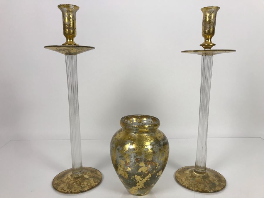 JUST ADDED - Individually Hand Signed Lesley Roy Gold Pair Of Tall Candlesticks Candleholders 16H And Gold Vase 7H Handmade New Haven, CT (MOE) [Photo 1]