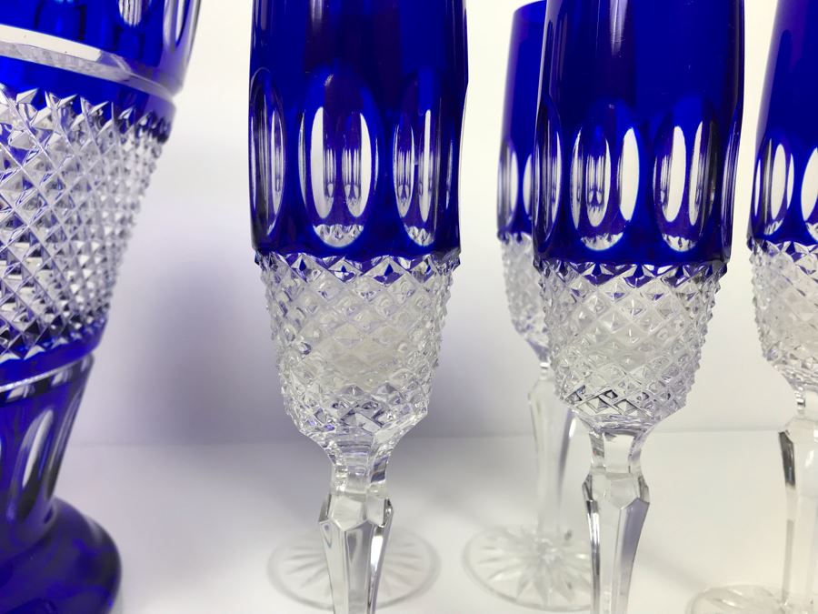 JUST ADDED - Godinger Cobalt Blue Cut Crystal Champagne Wine Ice Bucket With Ten Godinger Cobalt Blue Cut Crystal Champagne Flutes Stemware Glasses (MOE) [Photo 11]