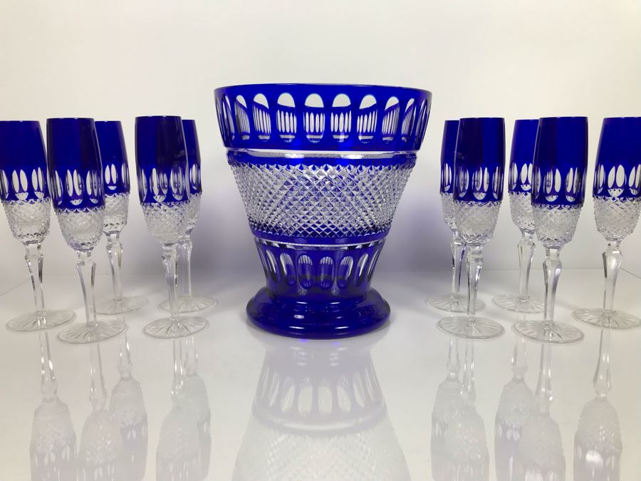 JUST ADDED - Godinger Cobalt Blue Cut Crystal Champagne Wine Ice Bucket With Ten Godinger Cobalt Blue Cut Crystal Champagne Flutes Stemware Glasses (MOE) [Photo 9]