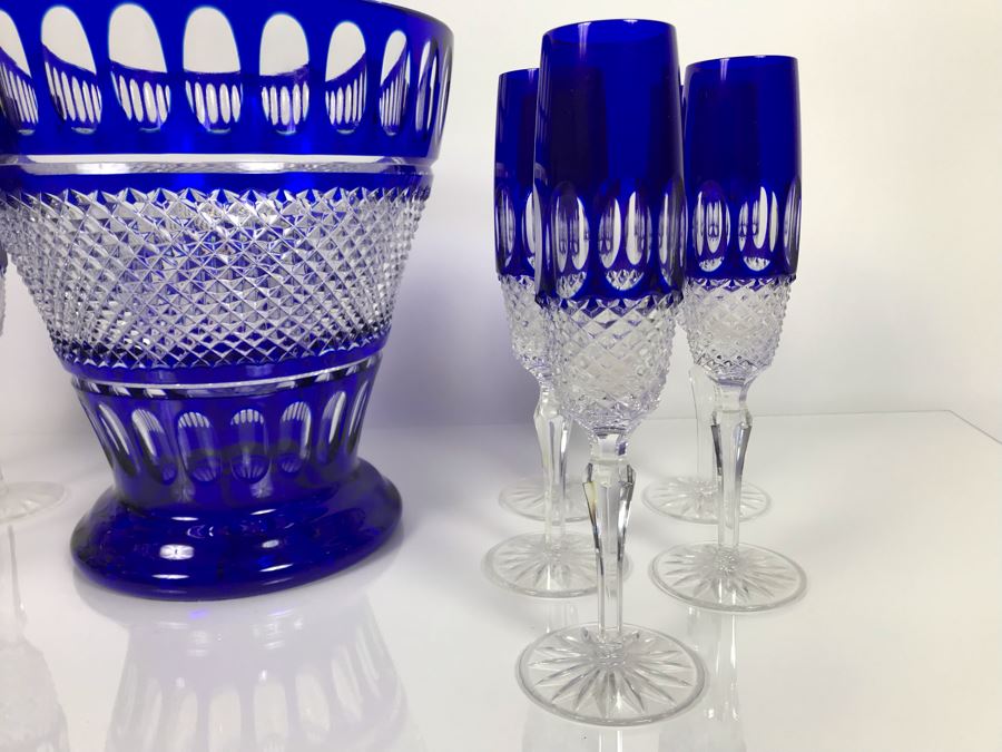 JUST ADDED - Godinger Cobalt Blue Cut Crystal Champagne Wine Ice Bucket With Ten Godinger Cobalt Blue Cut Crystal Champagne Flutes Stemware Glasses (MOE) [Photo 7]