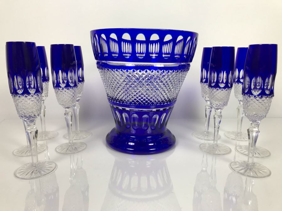 JUST ADDED - Godinger Cobalt Blue Cut Crystal Champagne Wine Ice Bucket With Ten Godinger Cobalt Blue Cut Crystal Champagne Flutes Stemware Glasses (MOE) [Photo 2]