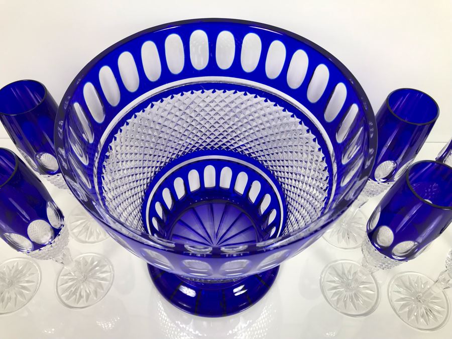 JUST ADDED - Godinger Cobalt Blue Cut Crystal Champagne Wine Ice Bucket With Ten Godinger Cobalt Blue Cut Crystal Champagne Flutes Stemware Glasses (MOE) [Photo 10]
