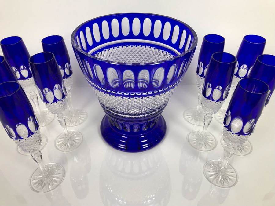 JUST ADDED - Godinger Cobalt Blue Cut Crystal Champagne Wine Ice Bucket With Ten Godinger Cobalt Blue Cut Crystal Champagne Flutes Stemware Glasses (MOE) [Photo 8]