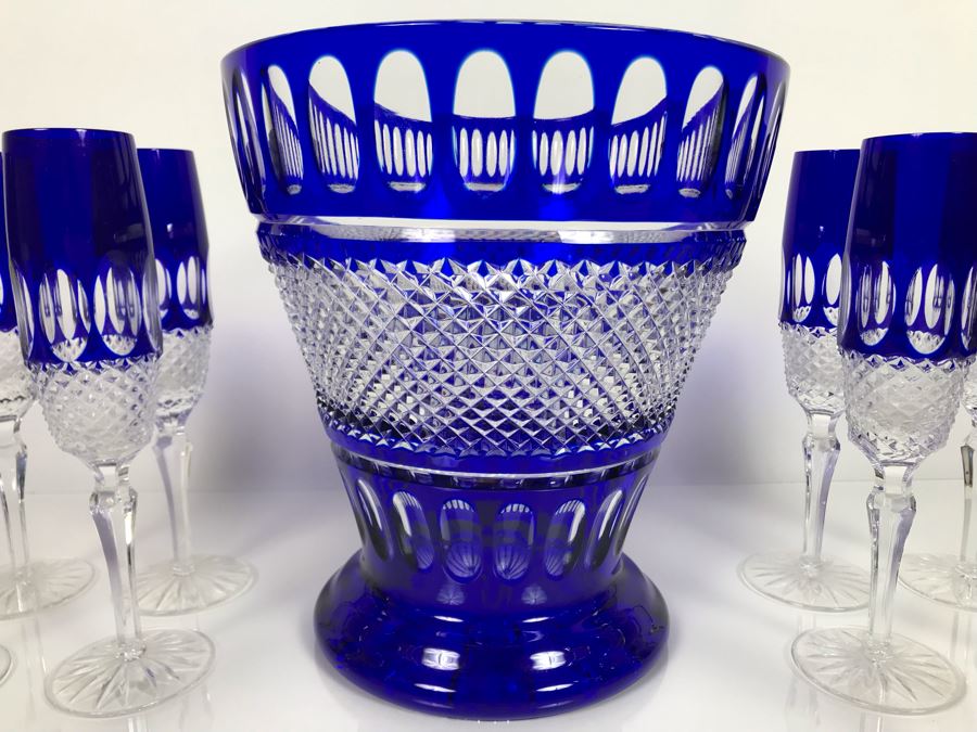 JUST ADDED - Godinger Cobalt Blue Cut Crystal Champagne Wine Ice Bucket With Ten Godinger Cobalt Blue Cut Crystal Champagne Flutes Stemware Glasses (MOE) [Photo 6]