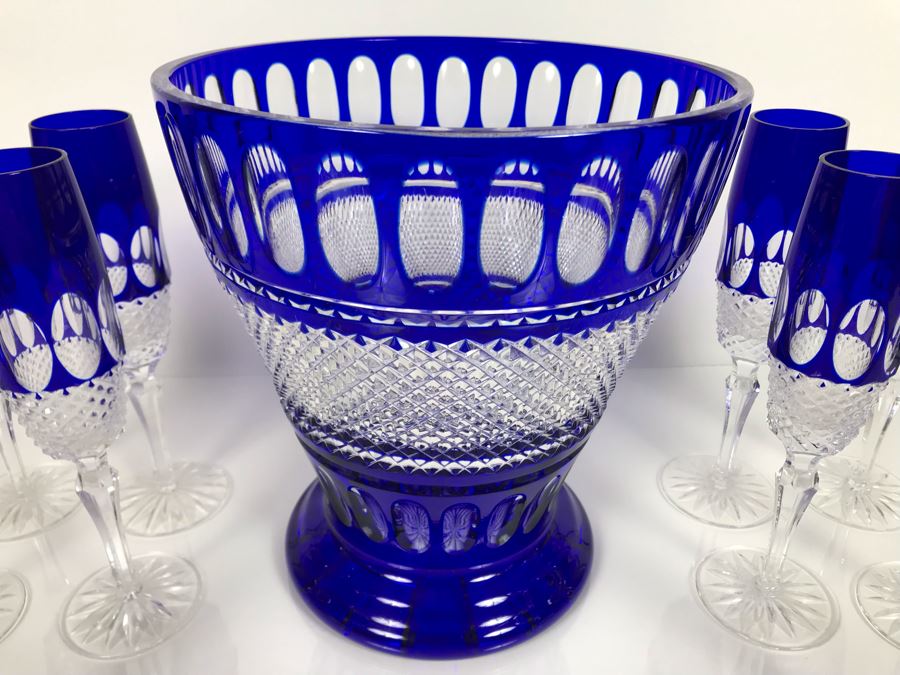 JUST ADDED - Godinger Cobalt Blue Cut Crystal Champagne Wine Ice Bucket With Ten Godinger Cobalt Blue Cut Crystal Champagne Flutes Stemware Glasses (MOE) [Photo 5]