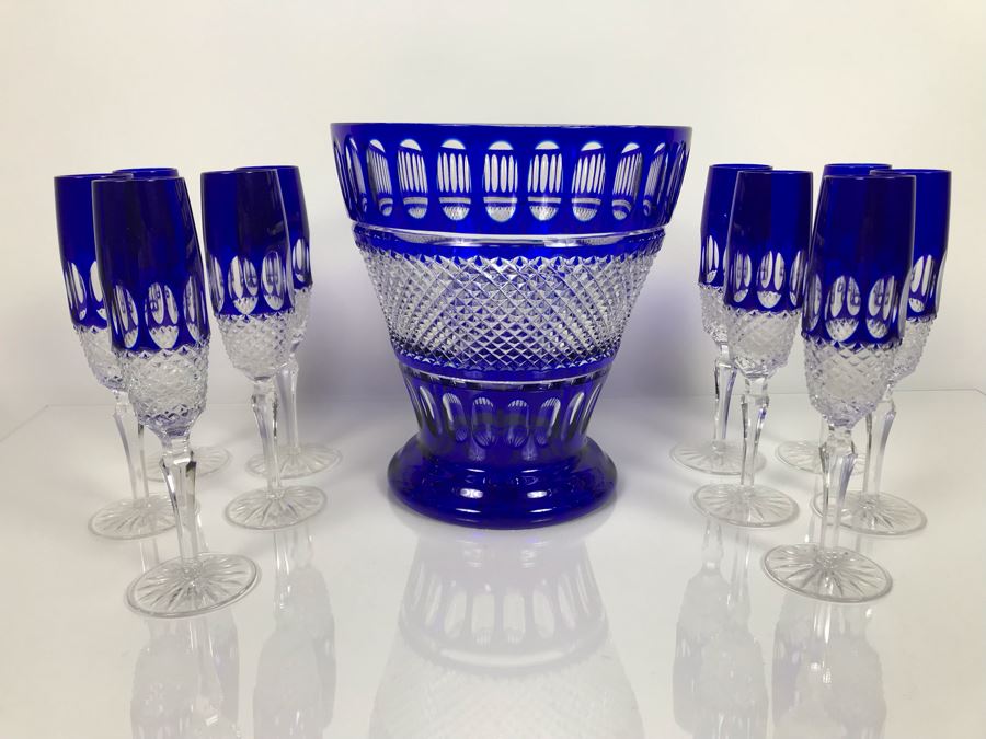 JUST ADDED - Godinger Cobalt Blue Cut Crystal Champagne Wine Ice Bucket With Ten Godinger Cobalt Blue Cut Crystal Champagne Flutes Stemware Glasses (MOE) [Photo 4]