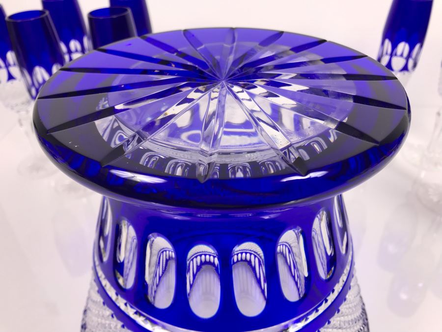 JUST ADDED - Godinger Cobalt Blue Cut Crystal Champagne Wine Ice Bucket With Ten Godinger Cobalt Blue Cut Crystal Champagne Flutes Stemware Glasses (MOE) [Photo 13]