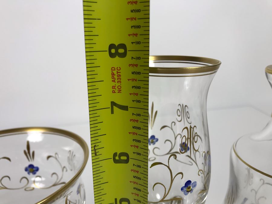 JUST ADDED - Elegant Gold Rimmed Hand-Painted Crystal Glassware Stemware With Decanter (Numbers Below Each Type Indicate Individual Quantities) (MOE) [Photo 18]