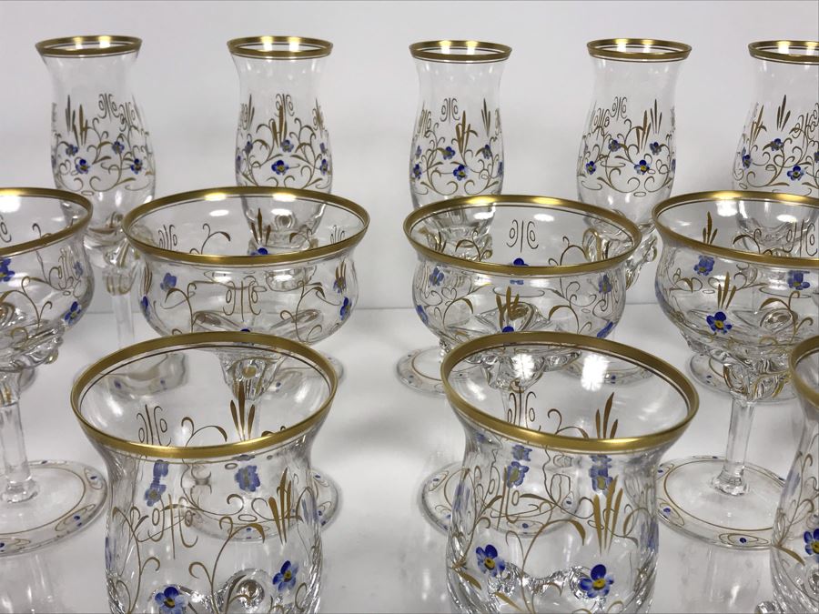 JUST ADDED - Elegant Gold Rimmed Hand-Painted Crystal Glassware Stemware With Decanter (Numbers Below Each Type Indicate Individual Quantities) (MOE) [Photo 7]