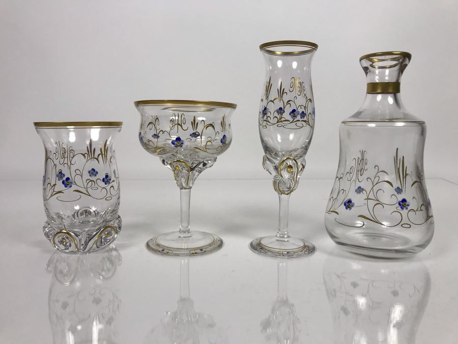 JUST ADDED - Elegant Gold Rimmed Hand-Painted Crystal Glassware Stemware With Decanter (Numbers Below Each Type Indicate Individual Quantities) (MOE) [Photo 9]