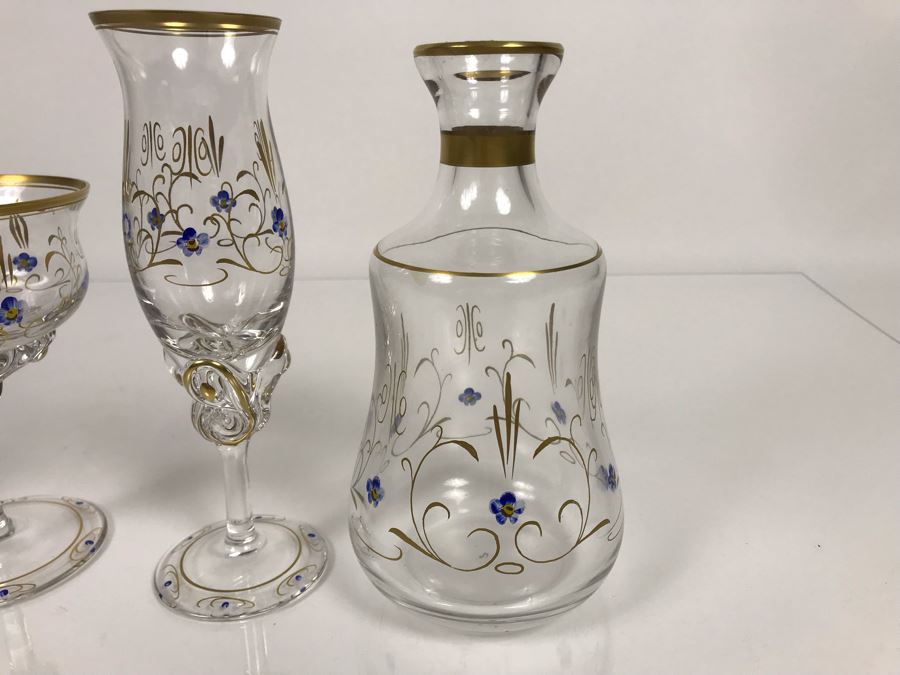 JUST ADDED - Elegant Gold Rimmed Hand-Painted Crystal Glassware Stemware With Decanter (Numbers Below Each Type Indicate Individual Quantities) (MOE) [Photo 15]