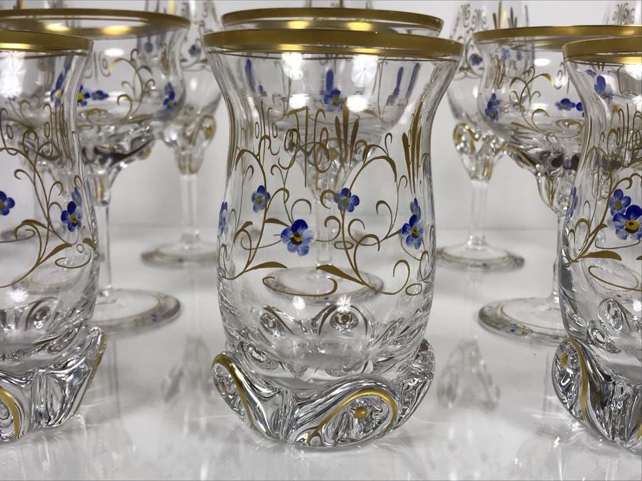 JUST ADDED - Elegant Gold Rimmed Hand-Painted Crystal Glassware Stemware With Decanter (Numbers Below Each Type Indicate Individual Quantities) (MOE) [Photo 5]