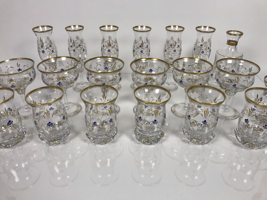 JUST ADDED - Elegant Gold Rimmed Hand-Painted Crystal Glassware Stemware With Decanter (Numbers Below Each Type Indicate Individual Quantities) (MOE) [Photo 4]