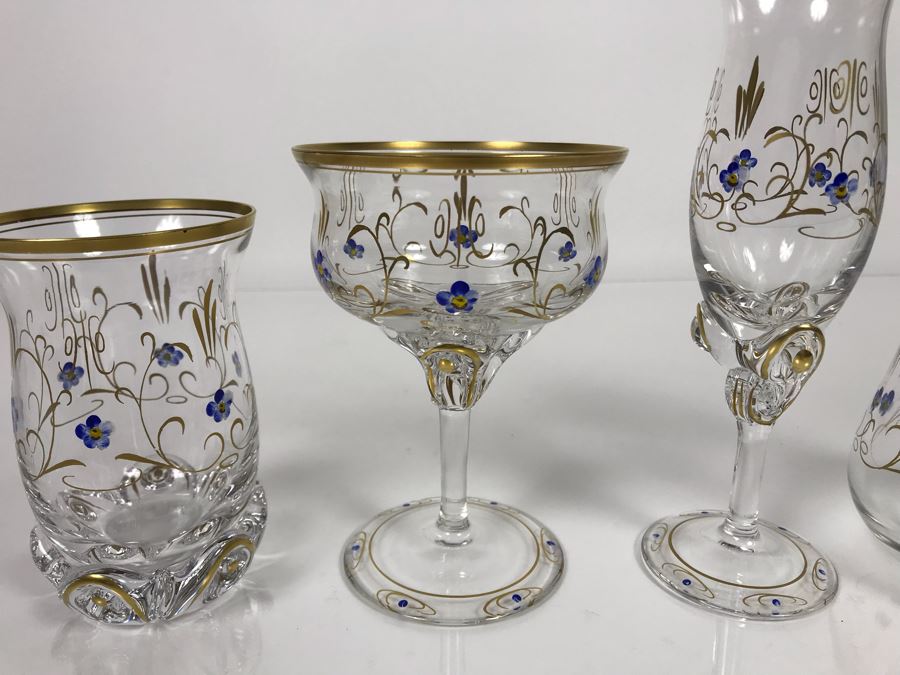 JUST ADDED - Elegant Gold Rimmed Hand-Painted Crystal Glassware Stemware With Decanter (Numbers Below Each Type Indicate Individual Quantities) (MOE) [Photo 13]