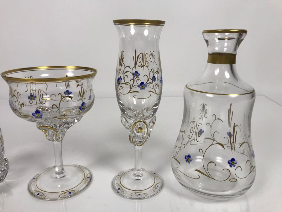 JUST ADDED - Elegant Gold Rimmed Hand-Painted Crystal Glassware Stemware With Decanter (Numbers Below Each Type Indicate Individual Quantities) (MOE) [Photo 14]